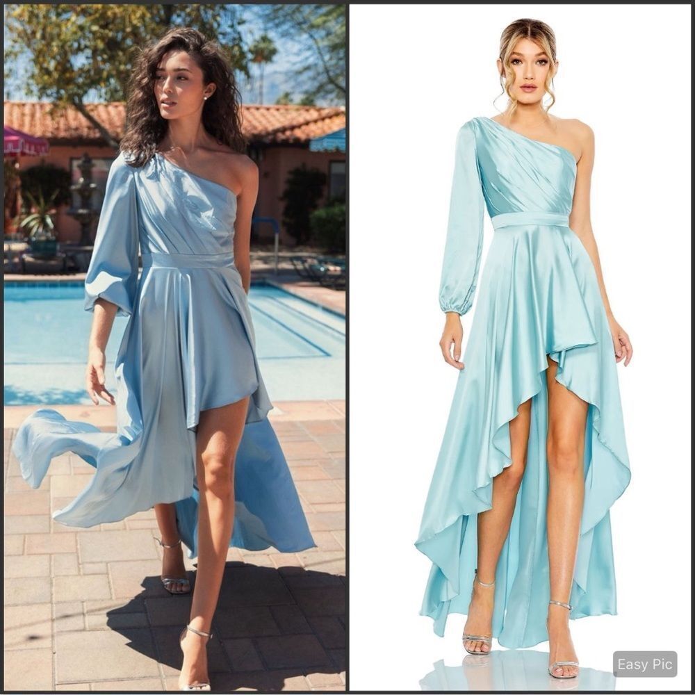 NWT Mac Duggal 49141 French Blue One Shoulder Flowy Gown Dress Size 14